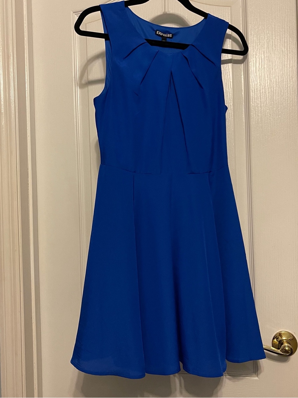Express Royal Blue Sleeveless Pleated-Neck Fit & Flare Dress